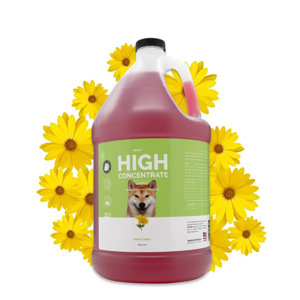 Bark2Basics high-concentrate dog shampoo bottle showing deep coat cleansing.
