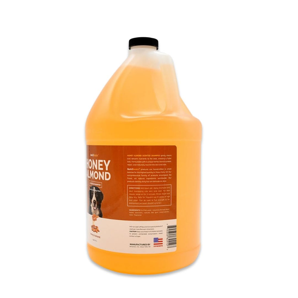 Bark2Basics Honey & Almond Shampoo label front highlights natural ingredients.