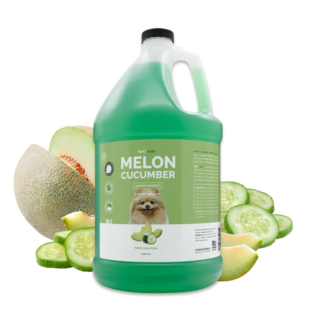 Bark2Basics Melon Cucumber Dog Shampoo bottle pour for easy baths