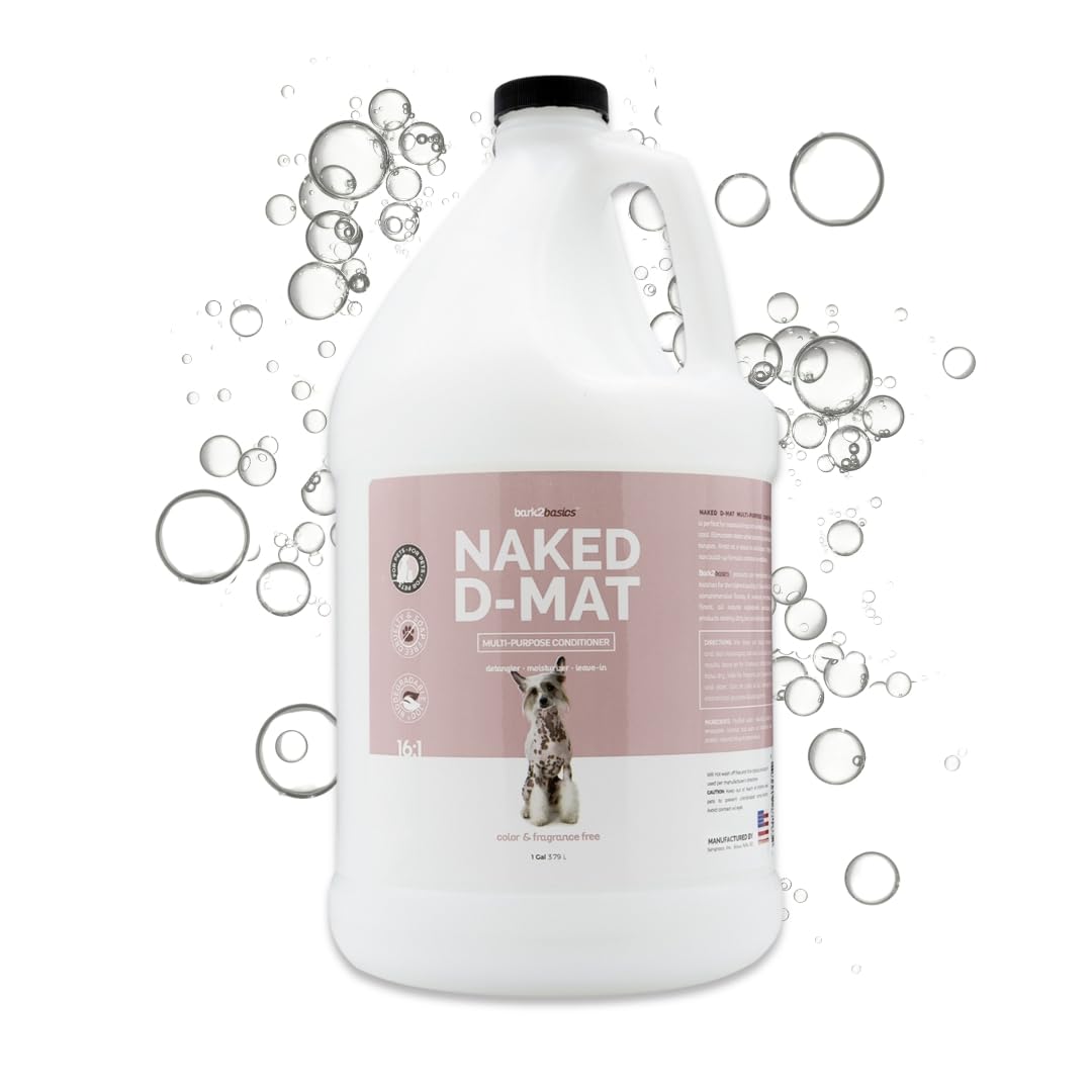 Bark2Basics Naked D-Mat conditioner bottle shows fragrance-free formula for sensitive coats.