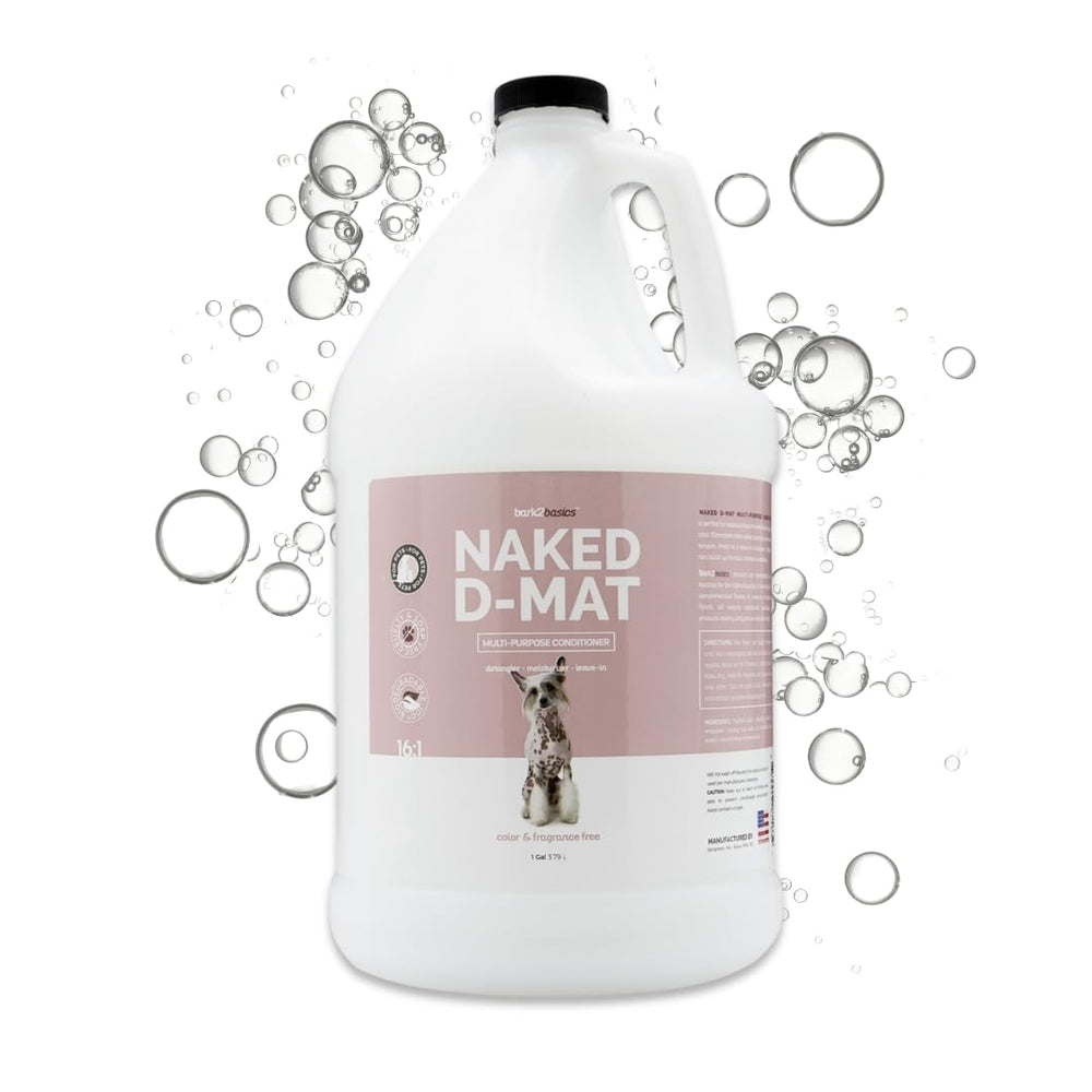 Bark2Basics Naked D-Mat conditioner bottle shows fragrance-free formula for sensitive coats.