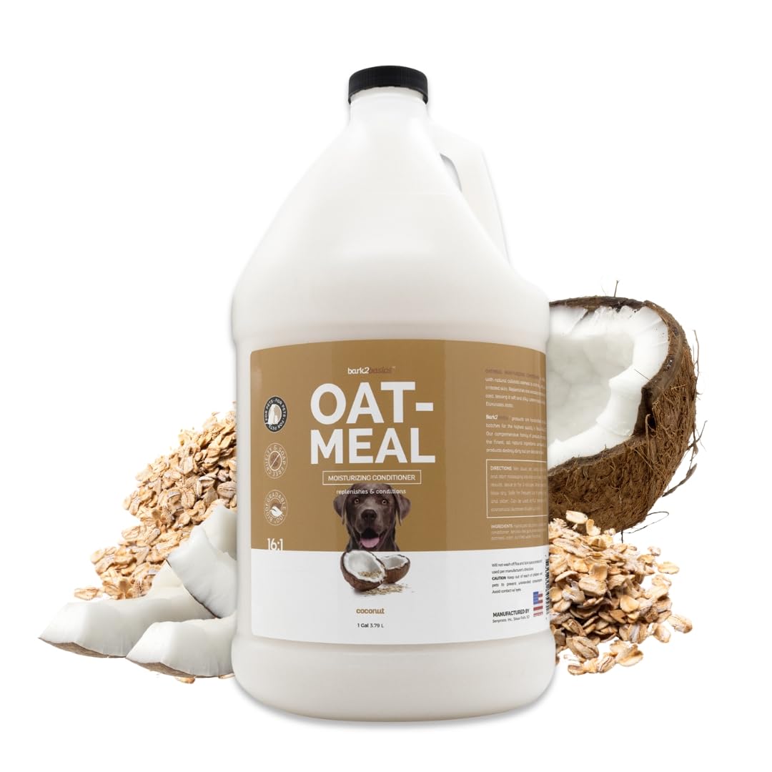 Bark2Basics Oatmeal Conditioner gallon packaging for at-home grooming.