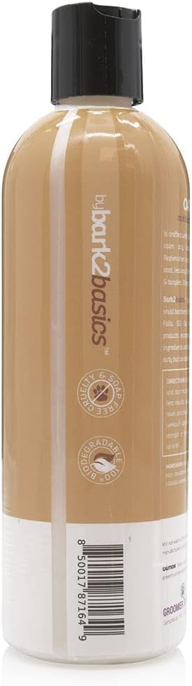 Bark2Basics oatmeal dog conditioner label showcases natural ingredients for sensitive skin