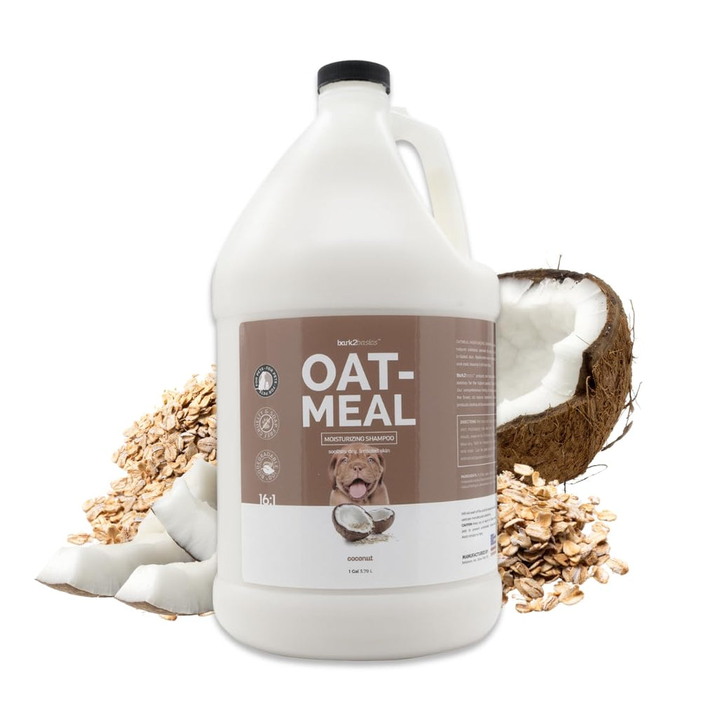 Bark2Basics Oatmeal Dog Shampoo bottle shows gentle cleansing for sensitive skin.