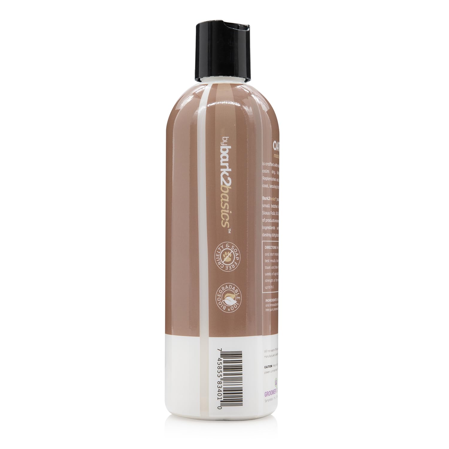 The Bark2Basics Oatmeal Dog Shampoo label close-up, natural ingredients highlighted.