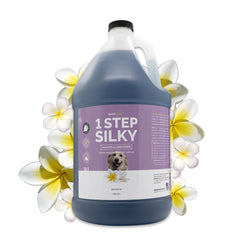 Bark2Basics One Step Silky Shampoo bottle shows the 2‑in‑1 formula for detangling.