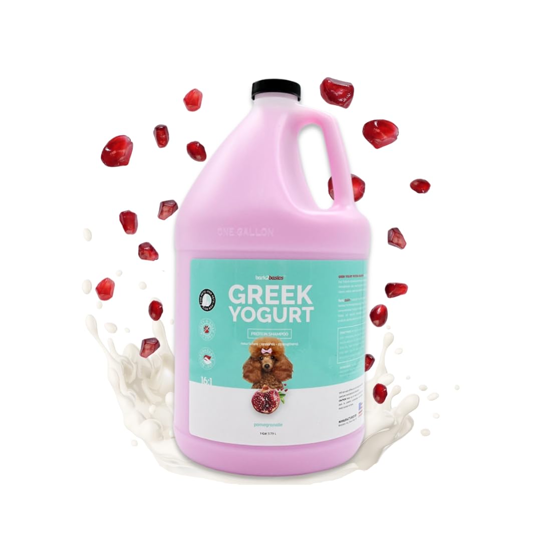 Bark2Basics Pomegranate Yogurt Dog Shampoo bottle on shelf highlighting 1 gallon size for deep conditioning.