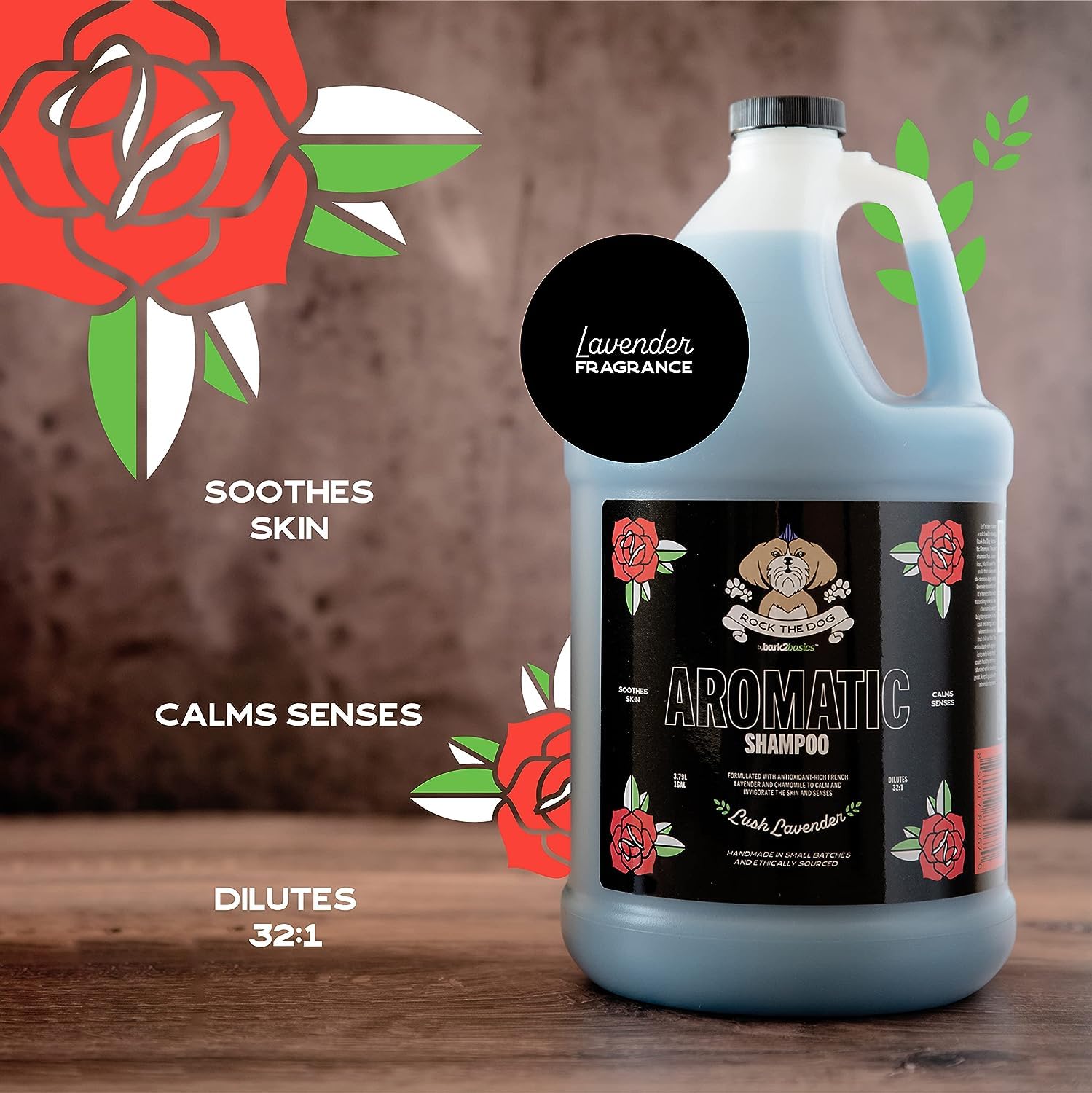 Concentrated 32 to 1 bottle demonstrates dilution to prepare 32 gallons of shampoo.