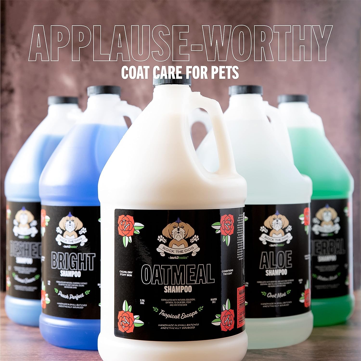 Bark2Basics Rock the Dog shampoo bottle shows USA-made badge signaling quality.