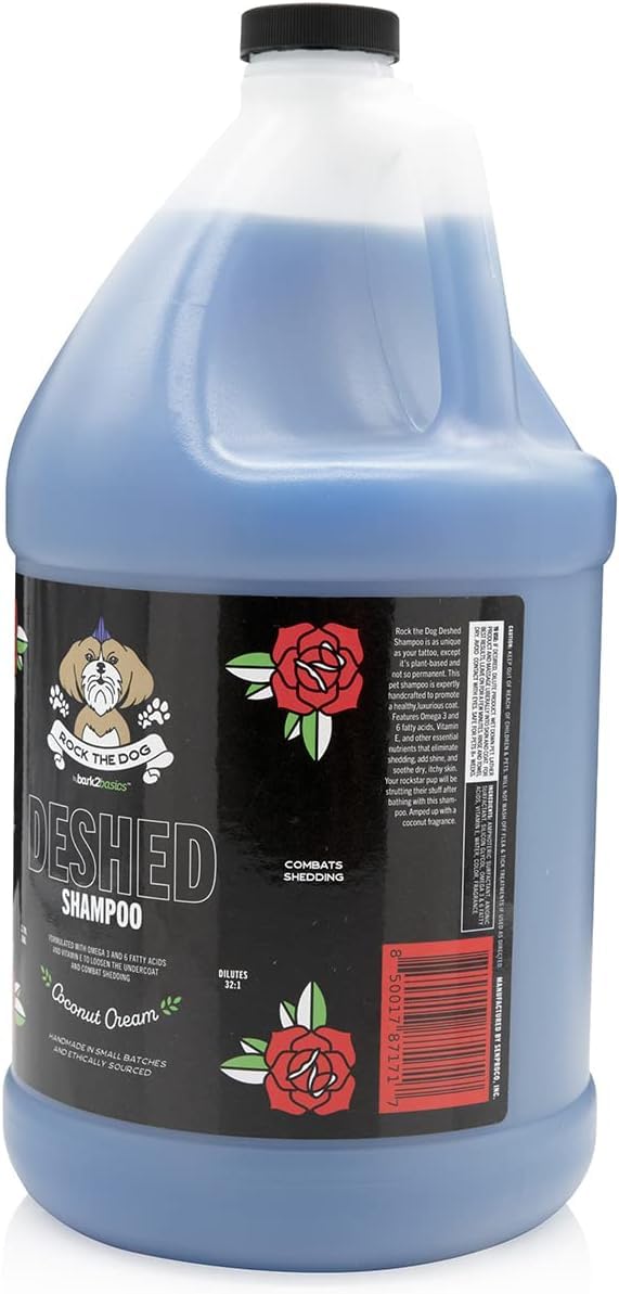 Bark2Basics Rock the Dog deshedding shampoo bottle pour demonstrates easy dilution for salon-grade care.