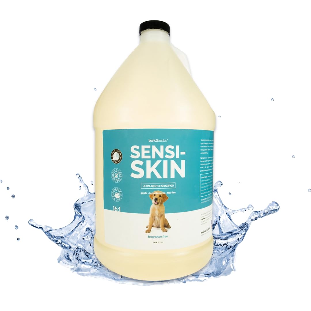 Bark2Basics Sensi-Skin shampoo bottle showing fragrance-free formula gentle on sensitive skin
