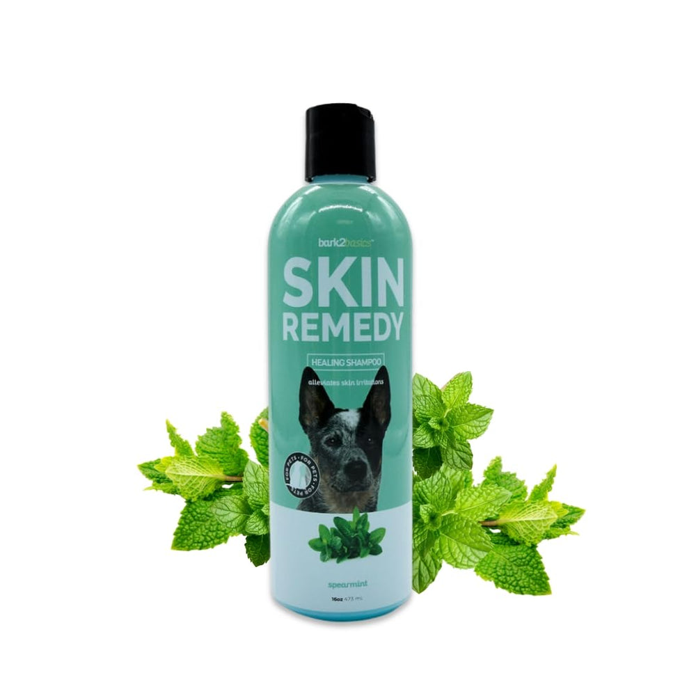 Bark2Basics Skin Remedy dog shampoo bottle showing red algae formula for irritated skin