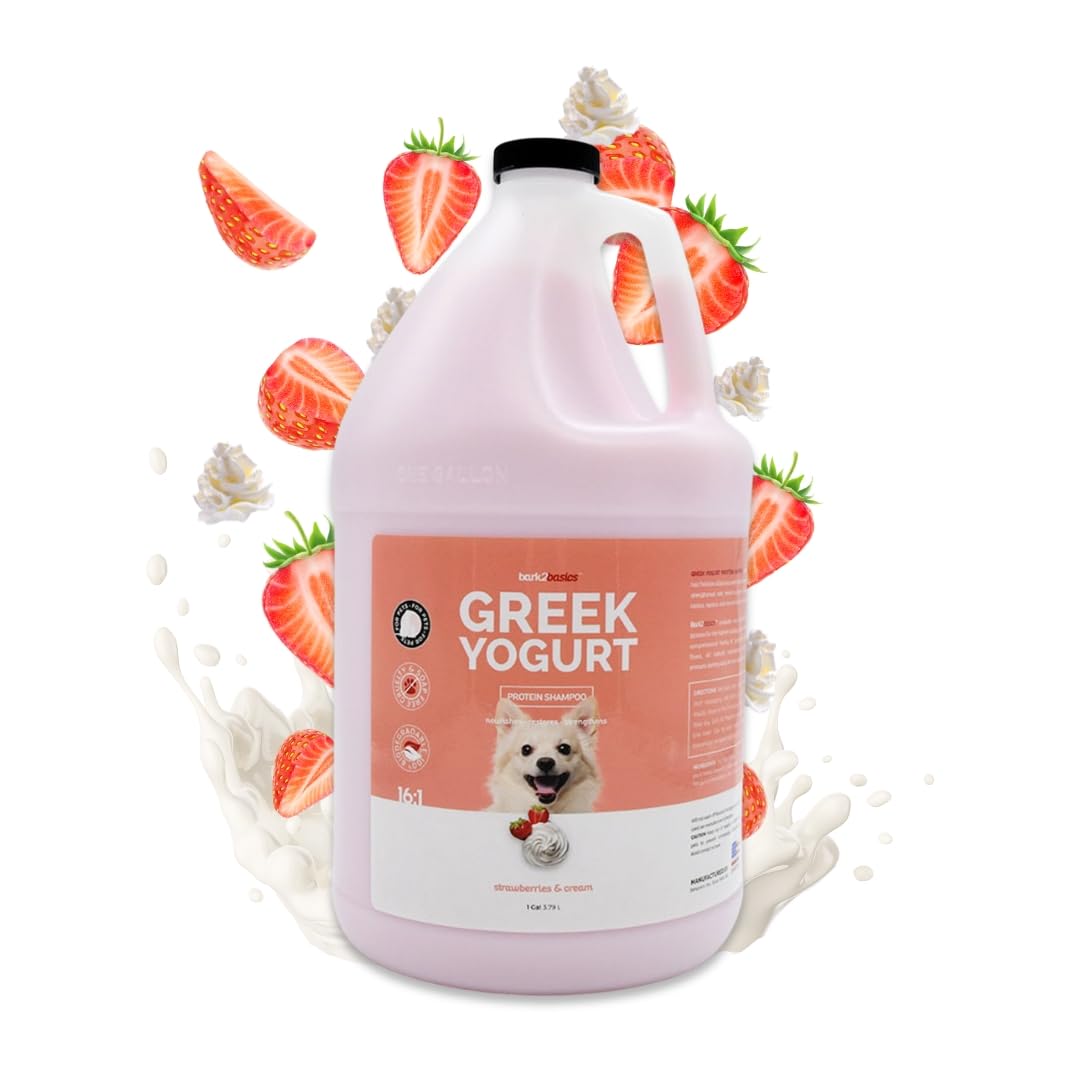 Bark2Basics Strawberries Creme Yogurt Shampoo bottle pour demonstrates easy application and cleansing.