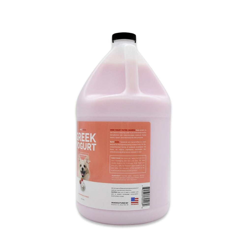 Bark2Basics Strawberries Creme Yogurt Shampoo gallon label highlights bulk value for professional use.