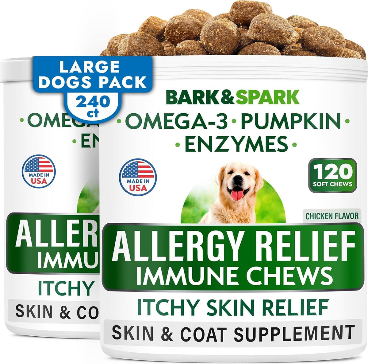 BARK&SPARK packaging of dog allergy relief soft chews for easy daily use