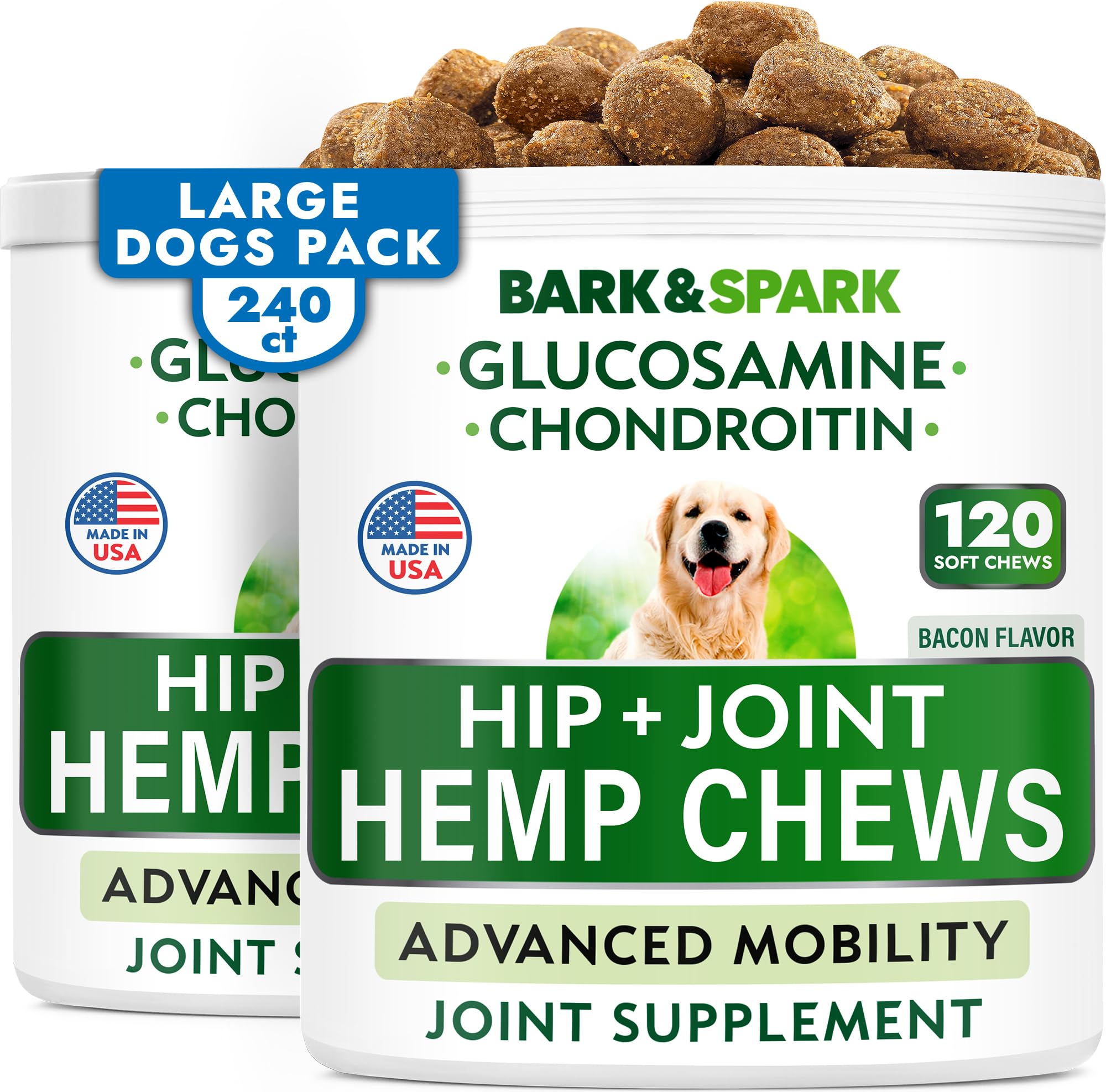 BARK&SPARK hemp chews packaging shows value pack for daily joint support.