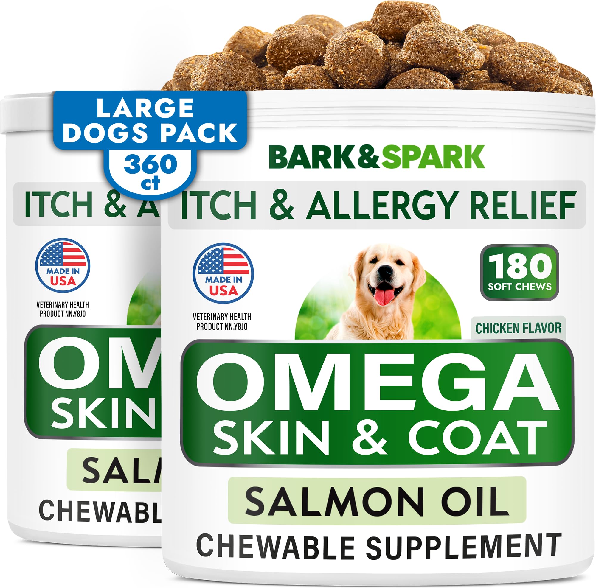 BARK&SPARK Omega-3 dog bottle showing tasty salmon oil chews for joints and coat
