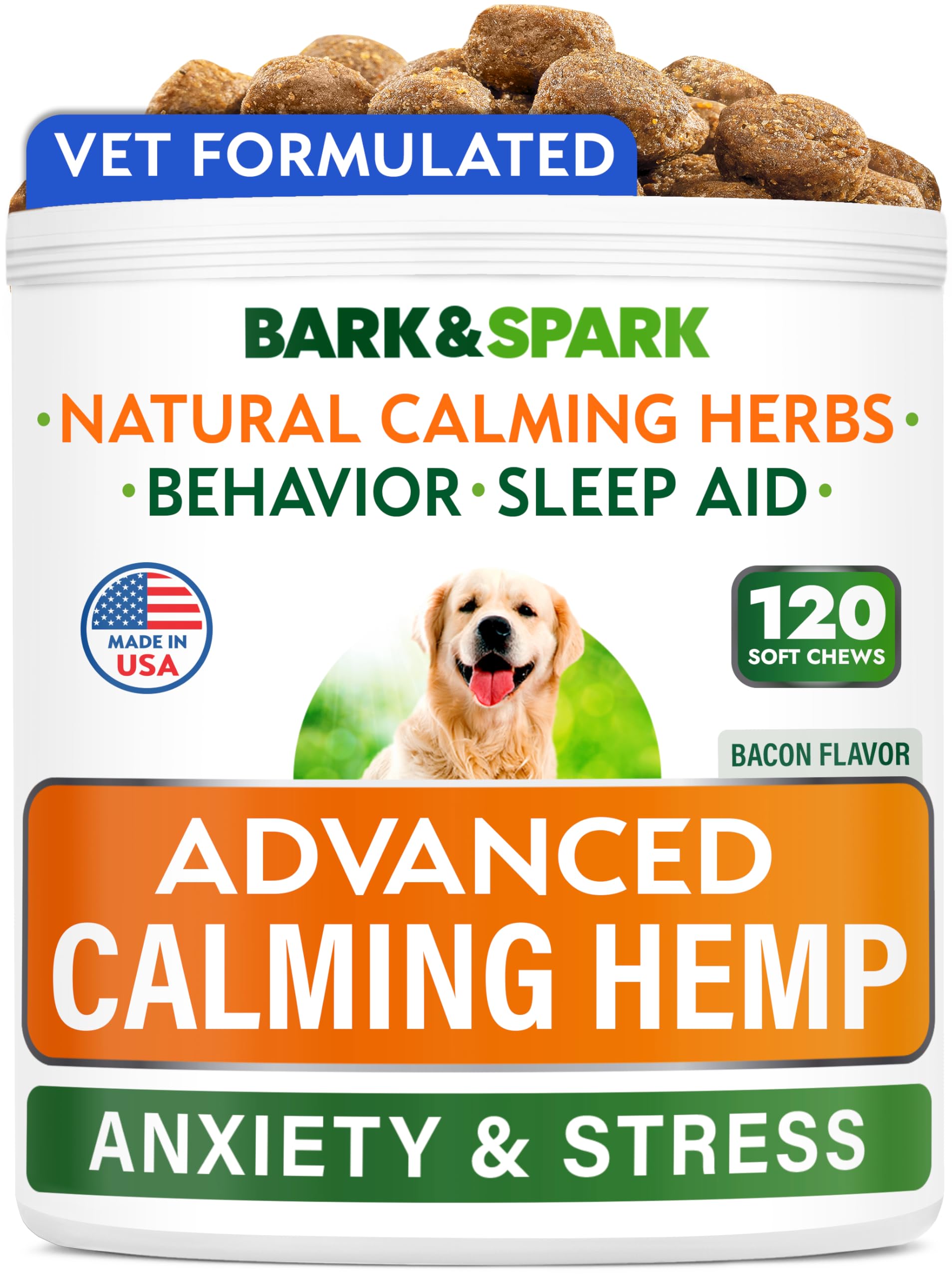 BARK&SPARK calming chews bottle pour with melatonin and hemp oil for everyday stress support.