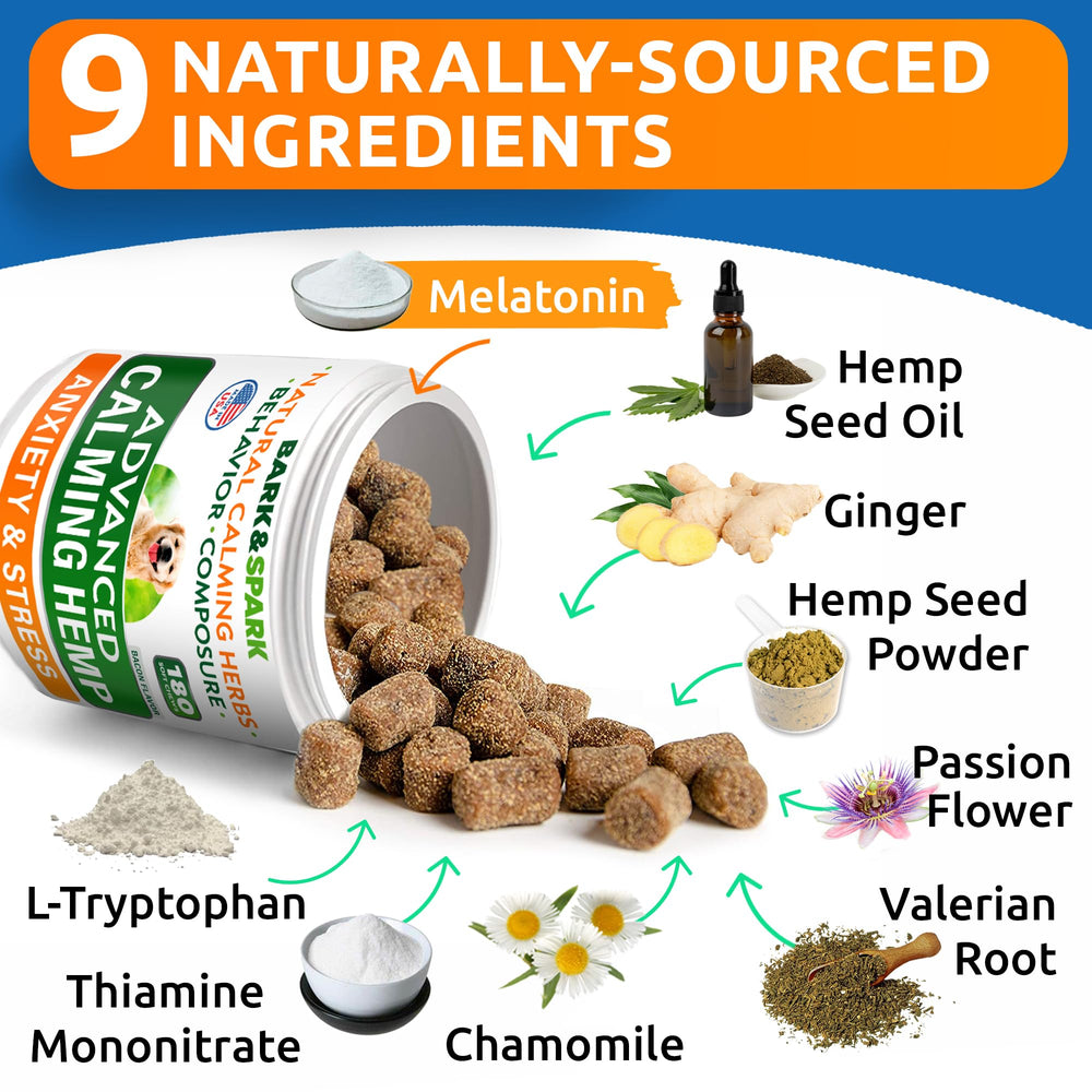 Puppy-friendly BARK&SPARK formula shown with a calm dog suitable for all sizes