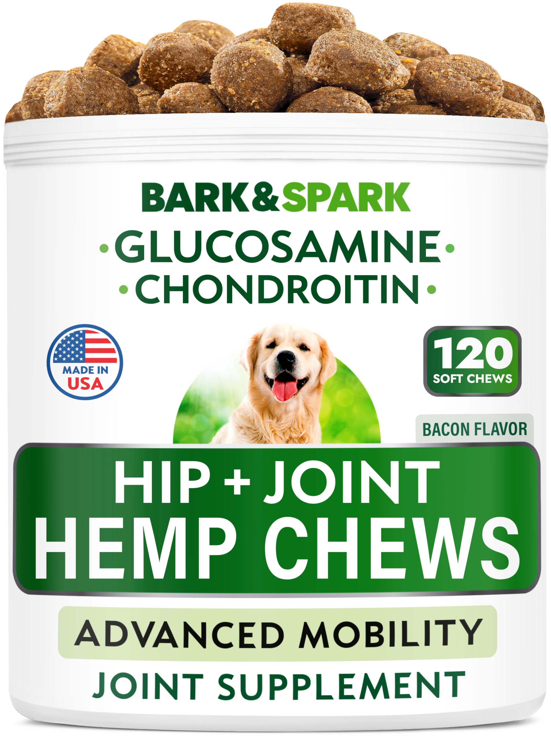 Bark&Spark Advanced Hemp Chews pack shot highlighting joint support for dogs.