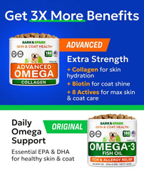 BARK&SPARK Omega-3 collagen dogs bottle closeup showing premium ingredients for skin comfort