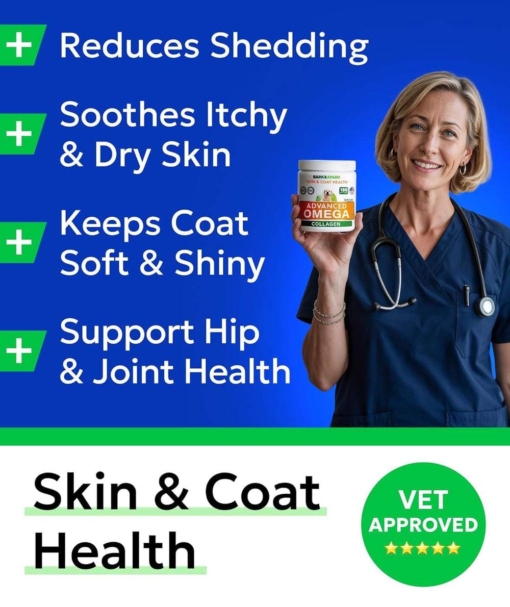 BARK&SPARK Advanced Omega-3 dog treats layout focused on coat shine and healthy skin