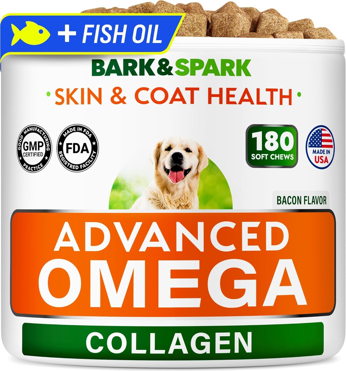 BARK&SPARK Advanced Omega-3 collagen dog treats package shot promoting healthy coat