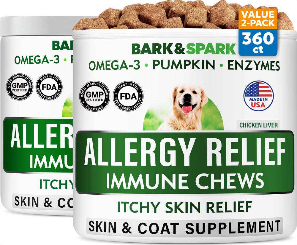 BARK&SPARK Allergy Chews jar closeup for skin support and potential seasonal relief.