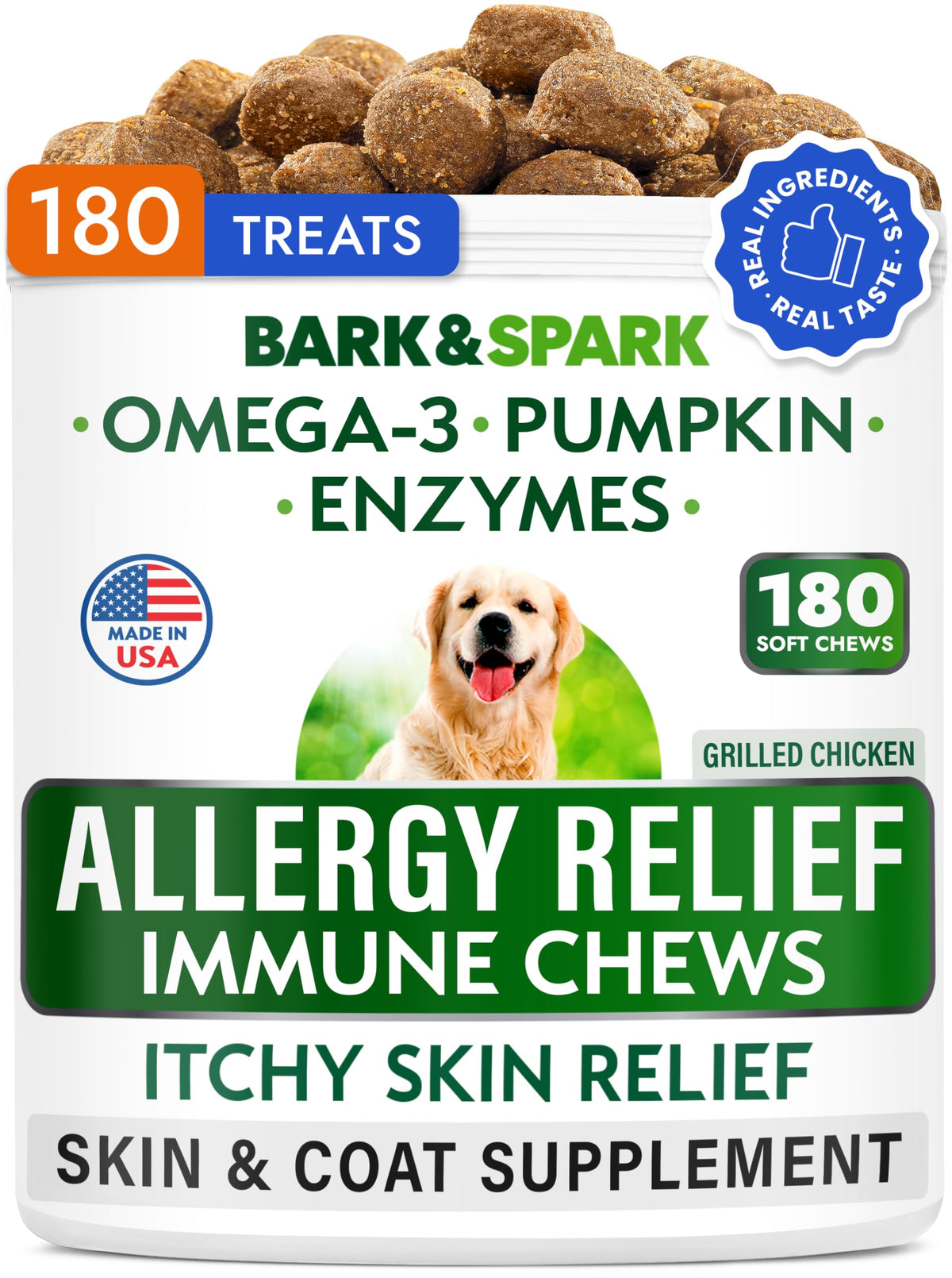 BARK&SPARK Allergy Relief Chews bottle supports seasonal skin comfort for dogs.