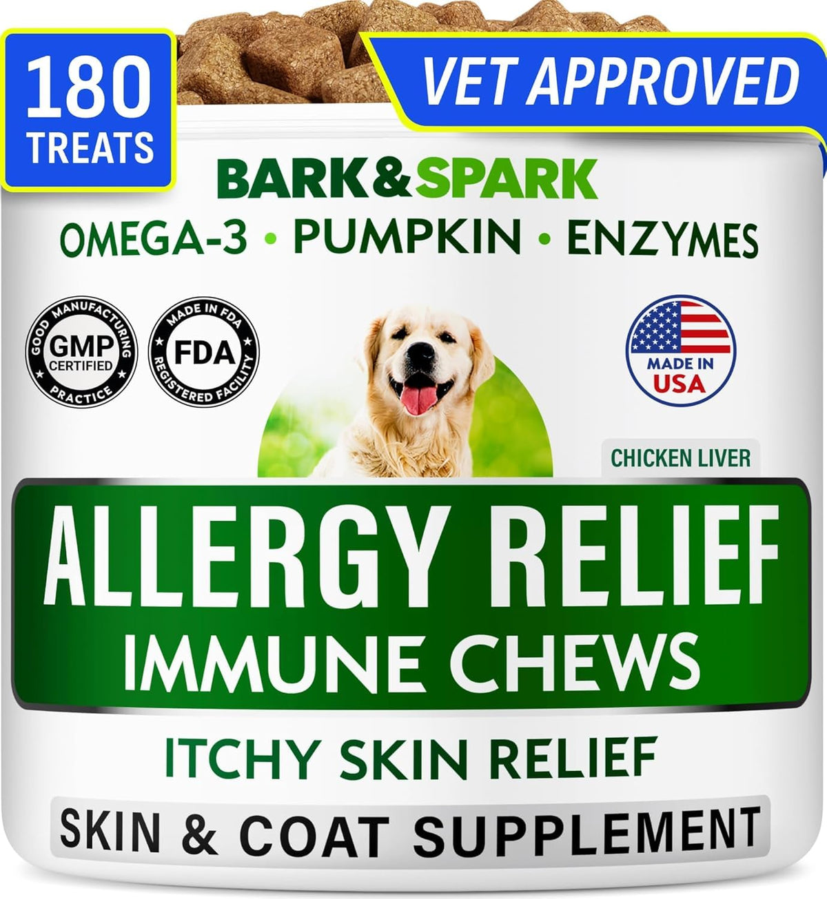 BARK&SPARK allergy soft chews jar promoting healthier skin for dogs.