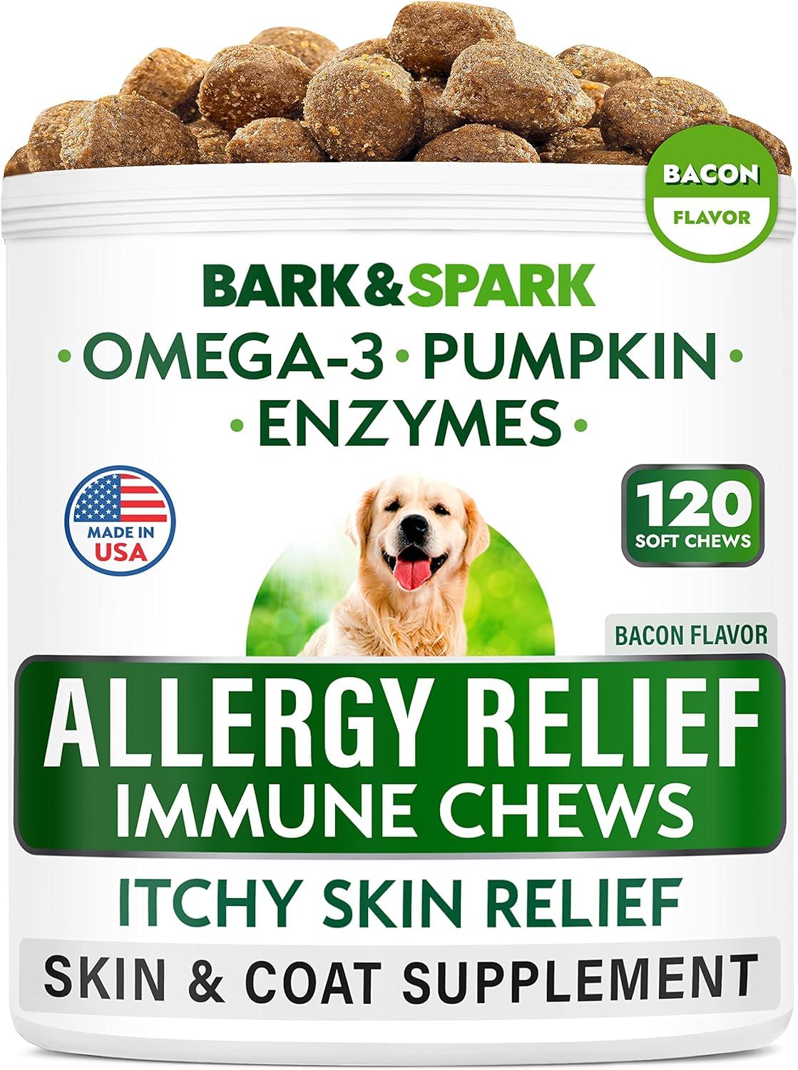 BARK&SPARK bacon soft chews in jar for dogs and skin support.