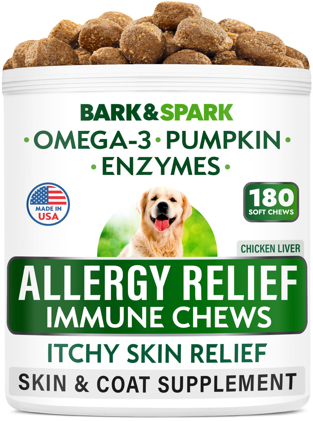 BARK&SPARK allergy relief chews bottle front page highlighting omega-3 benefits