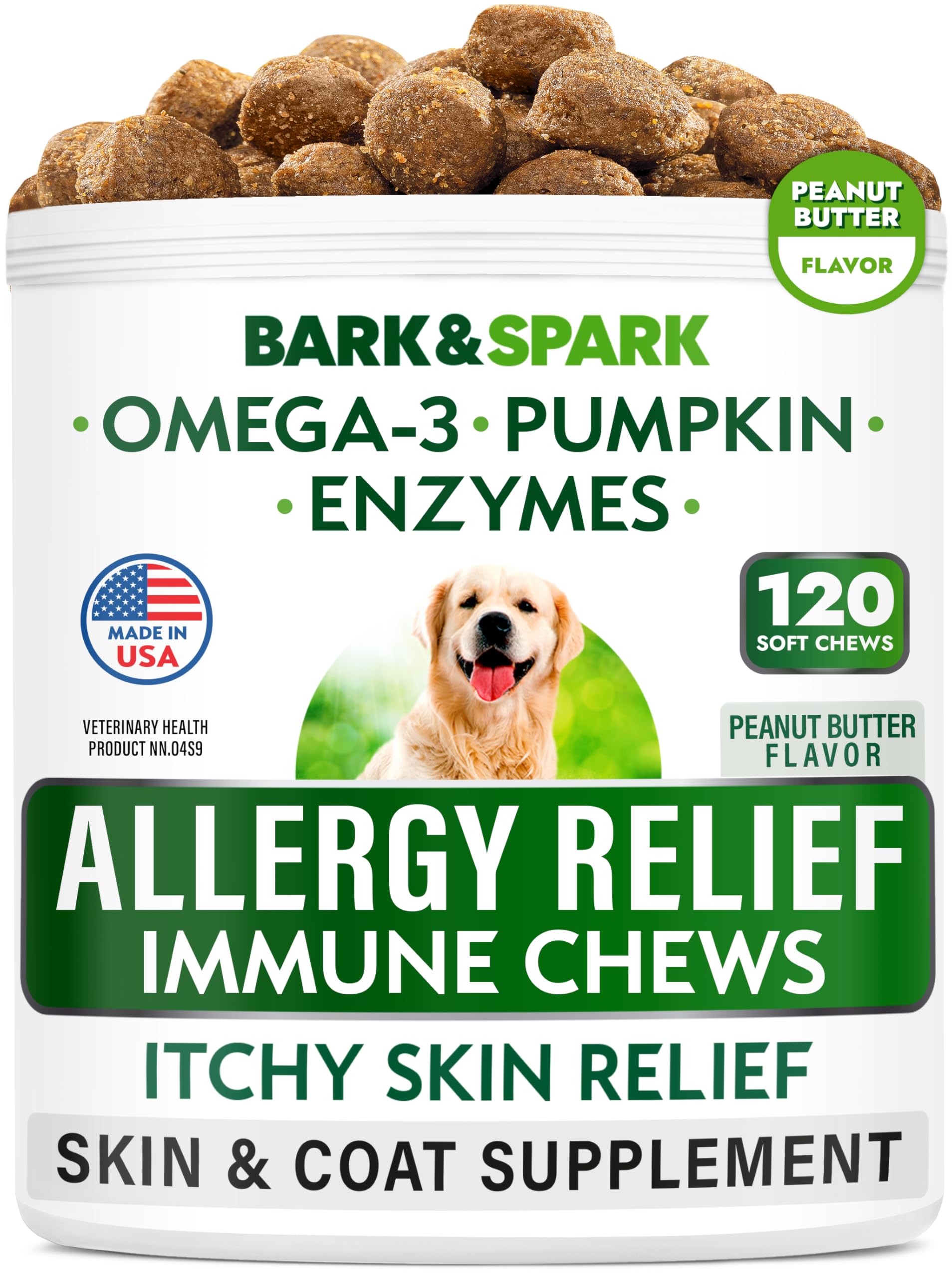 BARK&SPARK dog allergy relief soft chews bottle close-up showcases convenient daily treatment.