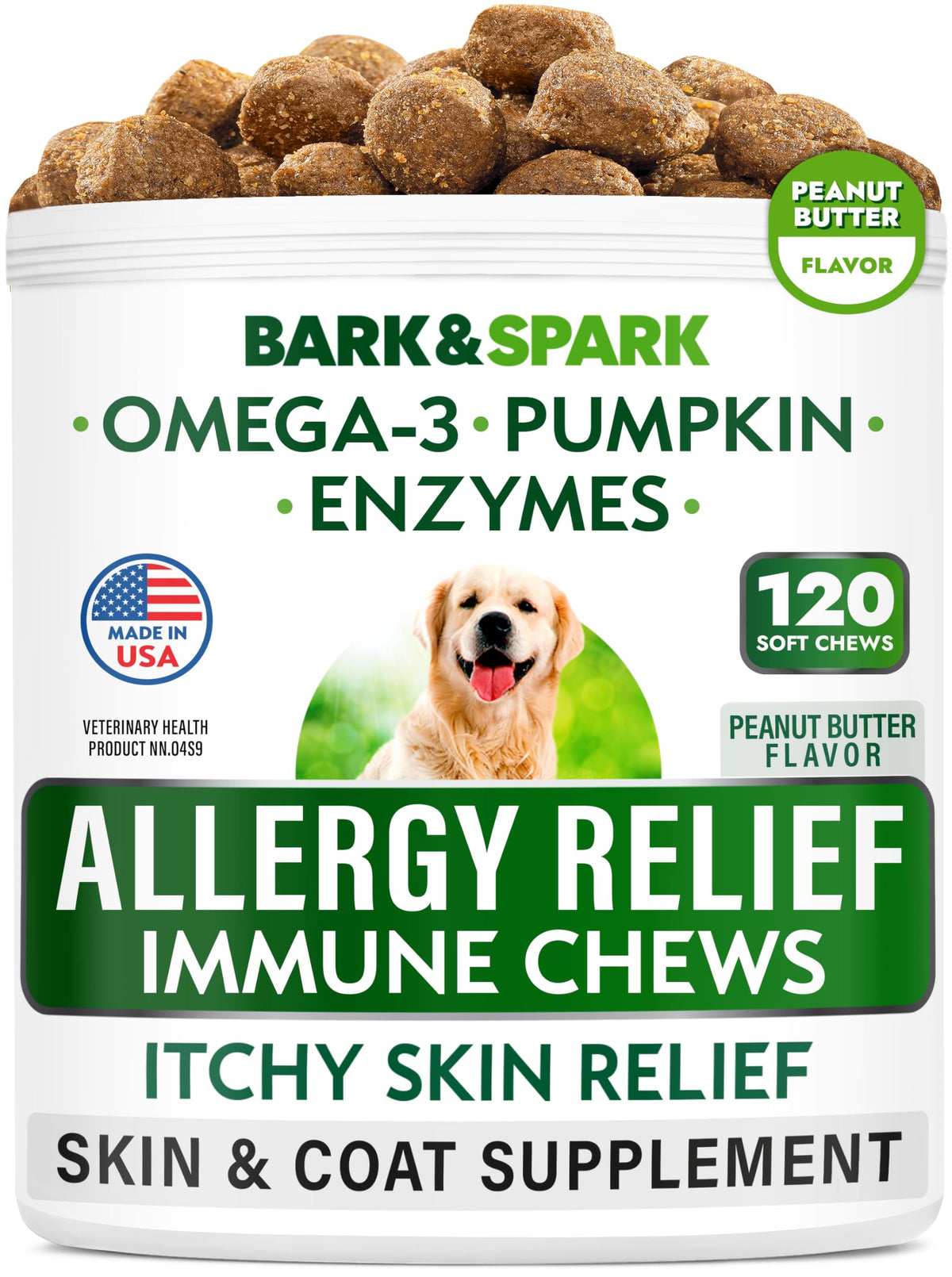BARK&SPARK dog allergy relief soft chews bottle close-up showcases convenient daily treatment.
