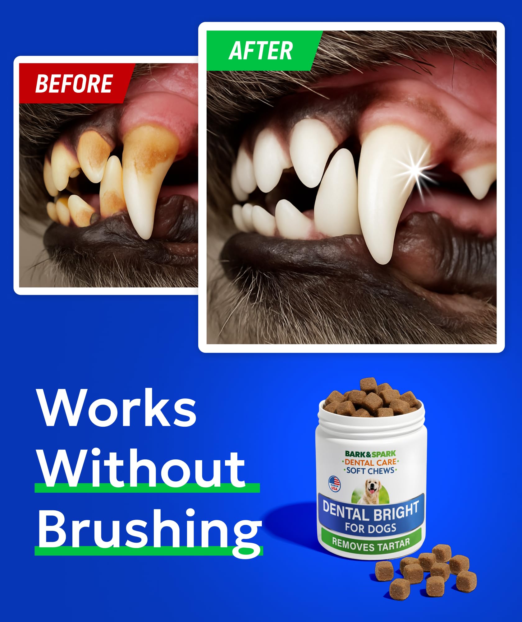 Dog enjoying a BARK&SPARK breath-freshener chew
