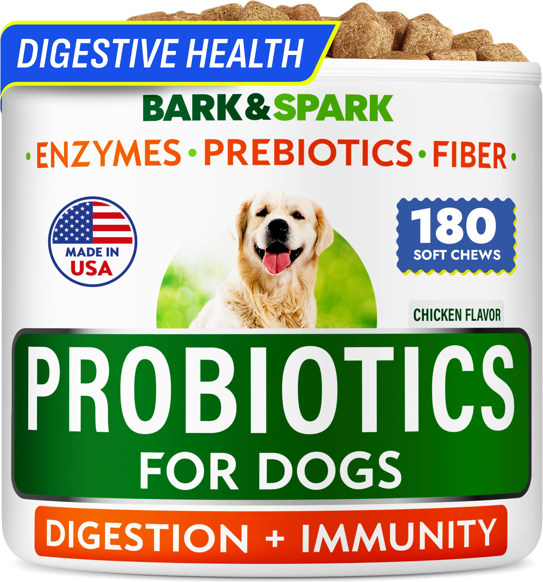 BARK&SPARK dog probiotics 180-chews packaging shows value pack for all dogs