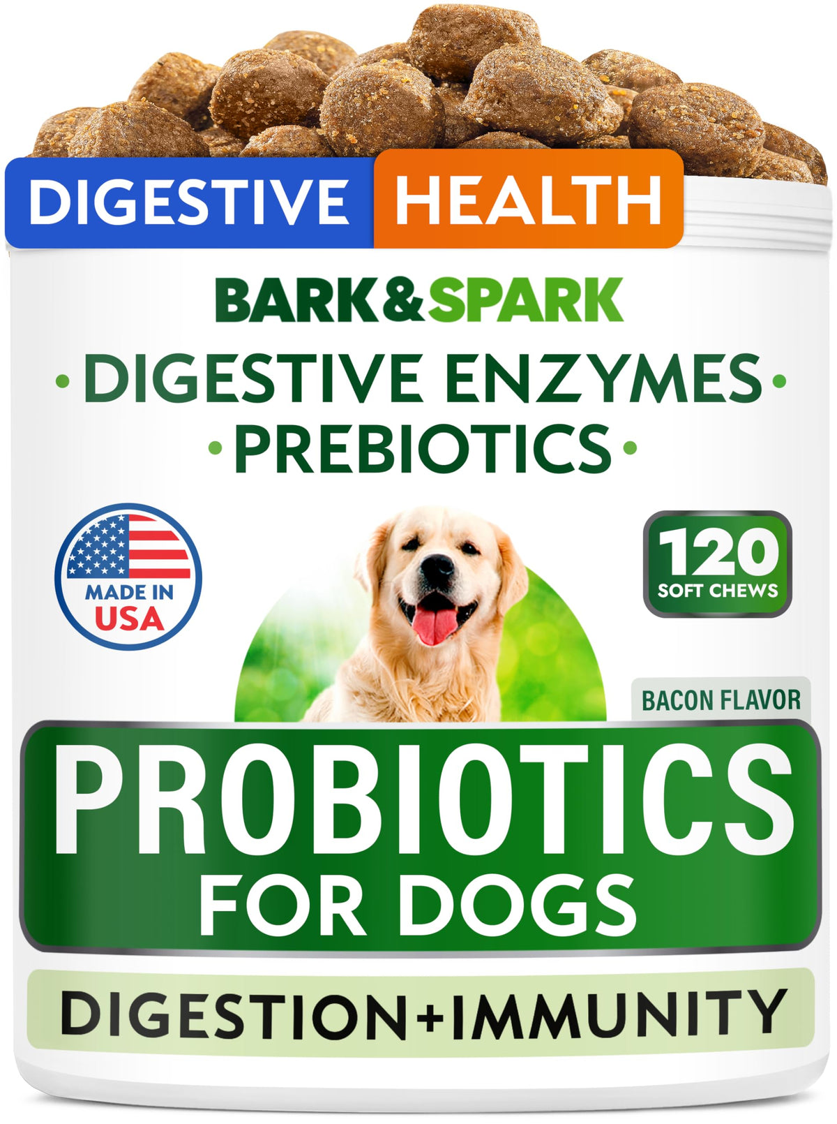 Bark&Spark dog probiotics bottle promotes daily digestive support for dogs.