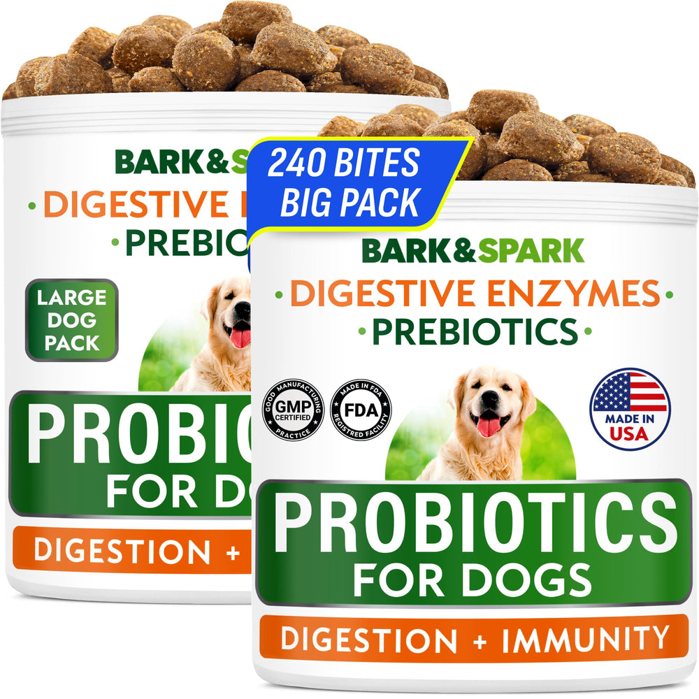 Bark&Spark dog probiotics and enzymes bottle shows premium digestion support.