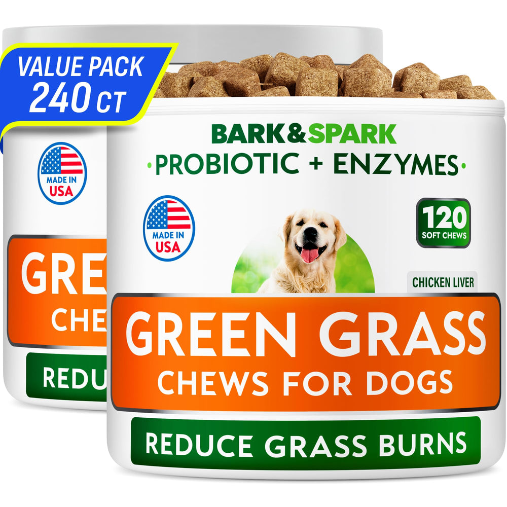BARK&SPARK Green Grass Chews bottle front for daily lawn protection.