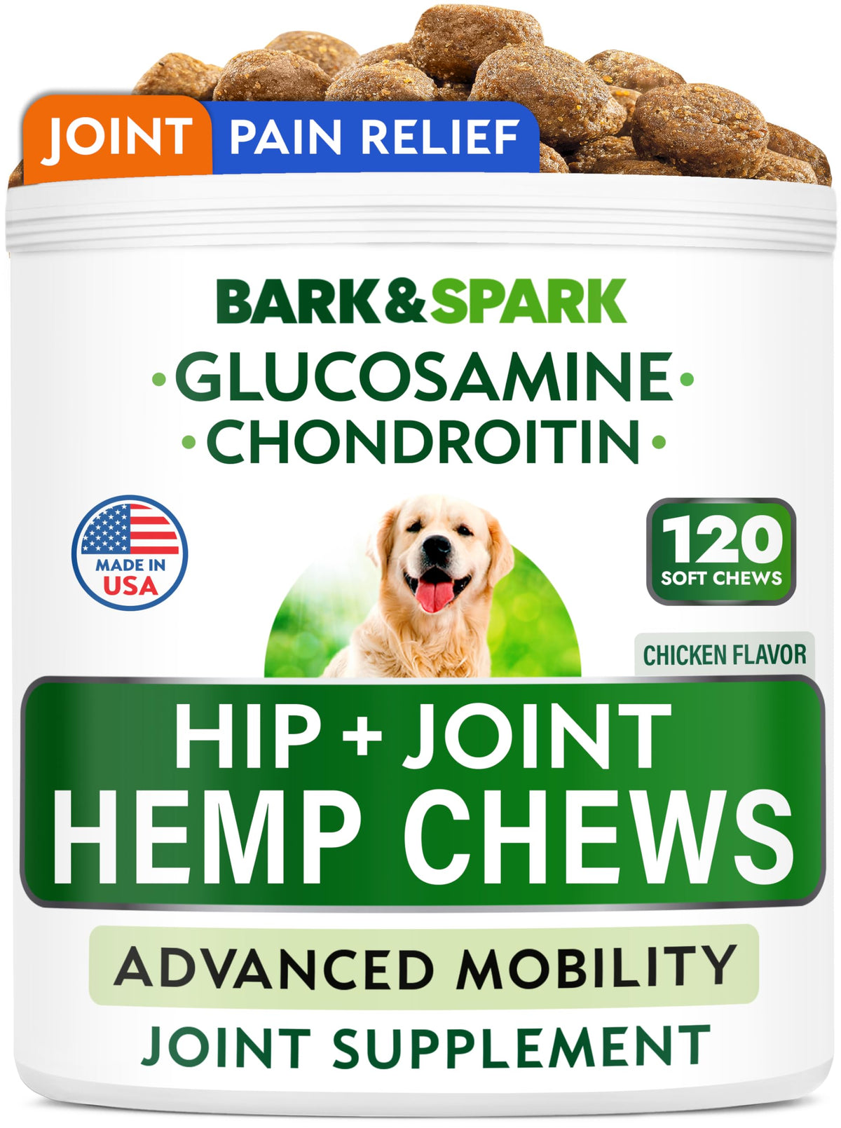 BARK&SPARK Hip & Joint Chews bottle supports daily canine mobility.