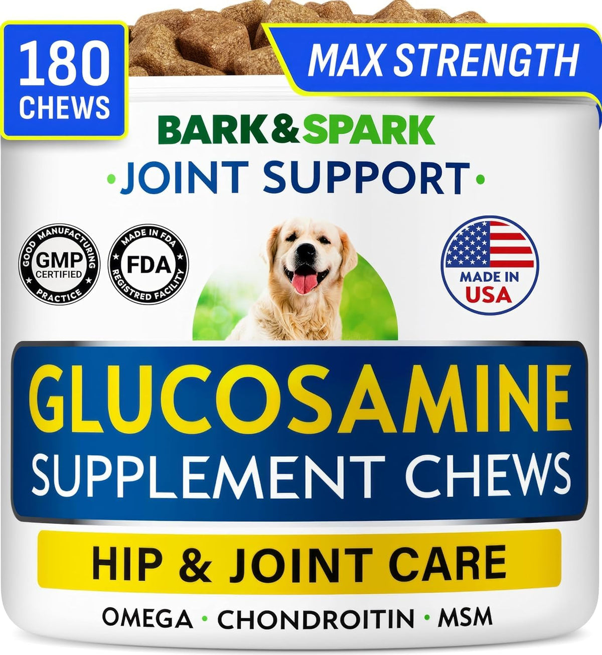 BARK&SPARK hip and joint chews jar for large dogs enhances mobility.