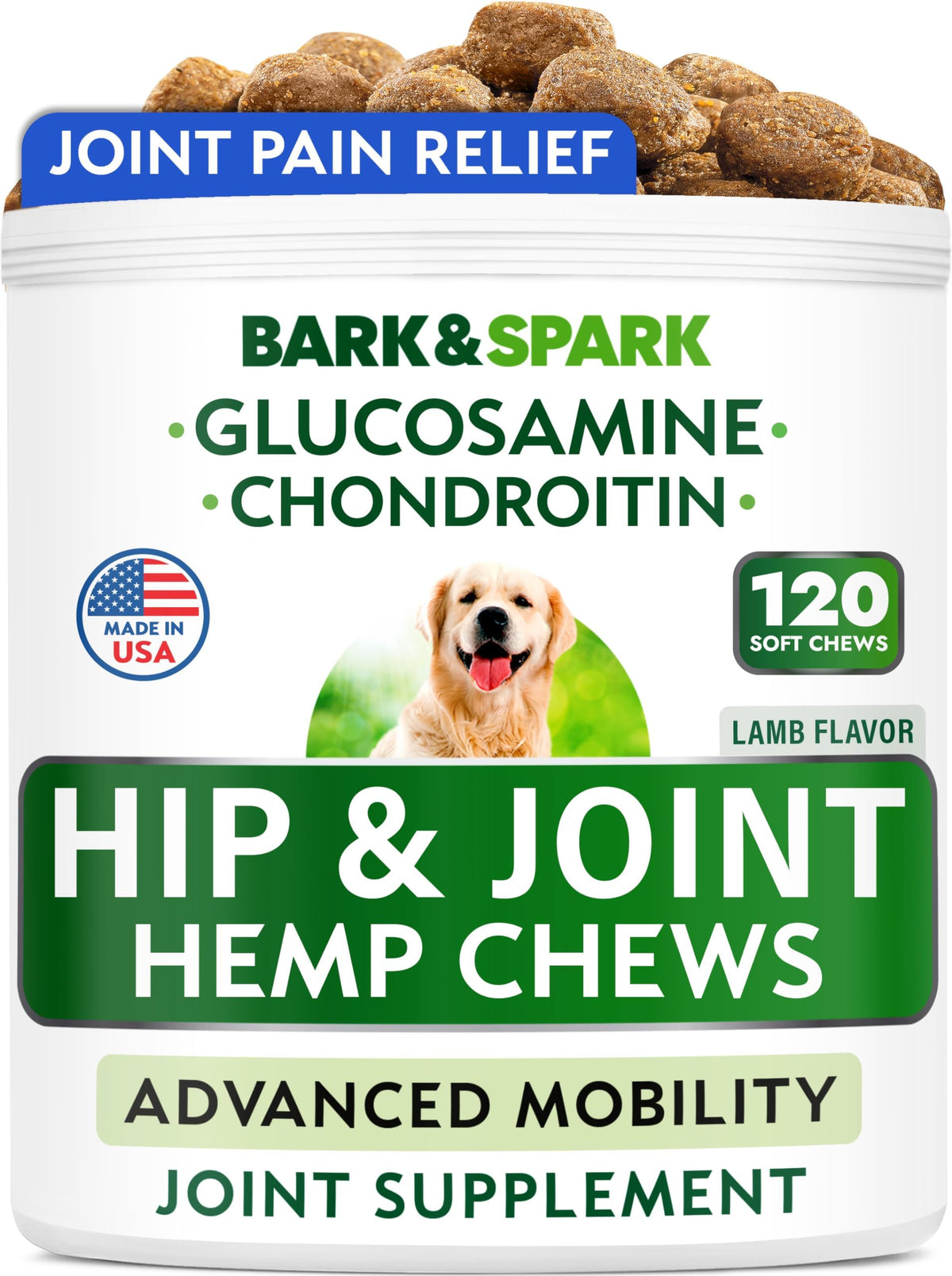 BARK&SPARK hip joint chews packaging highlighting daily mobility support for dogs