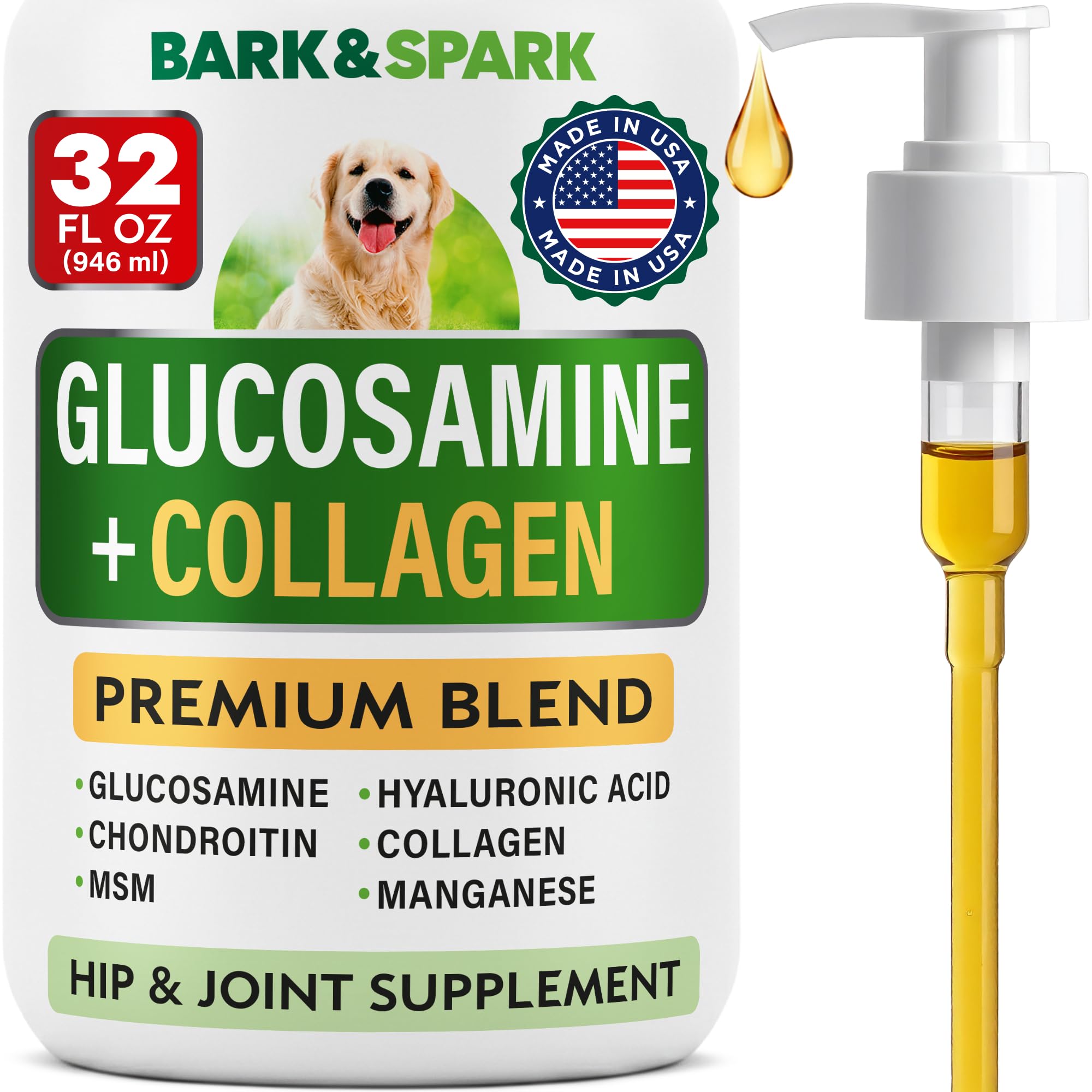BARK&SPARK liquid glucosamine bottle supports dog joint care and easy dosing