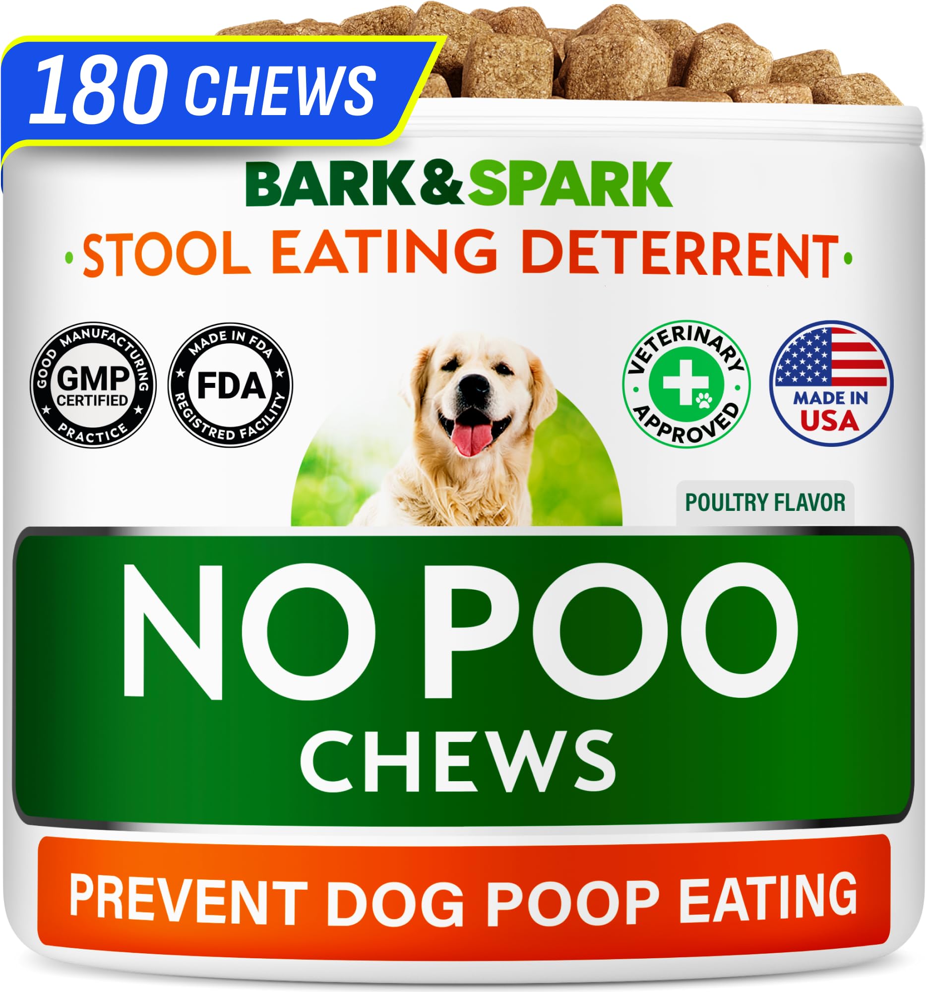 BARK&SPARK No Poo Chews bottle supports digestion and stool deterrence