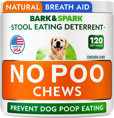 BARK&SPARK No Poo Chews bottle on a kitchen counter for daily use and trust.