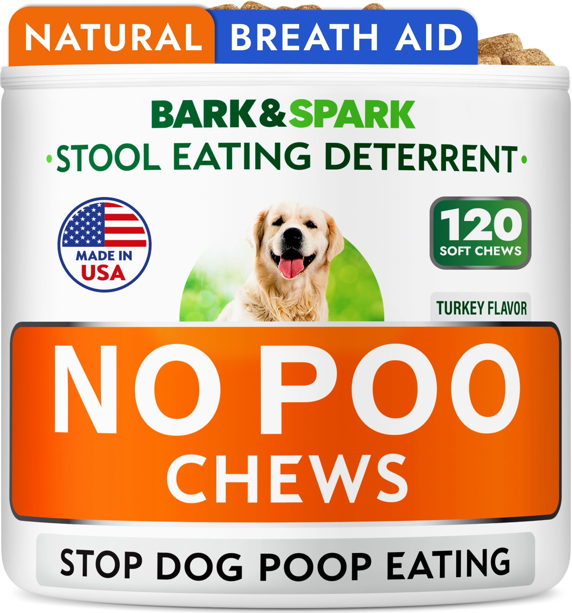 BARK&SPARK No Poo Chews packaging highlights probiotic blend for gut support.