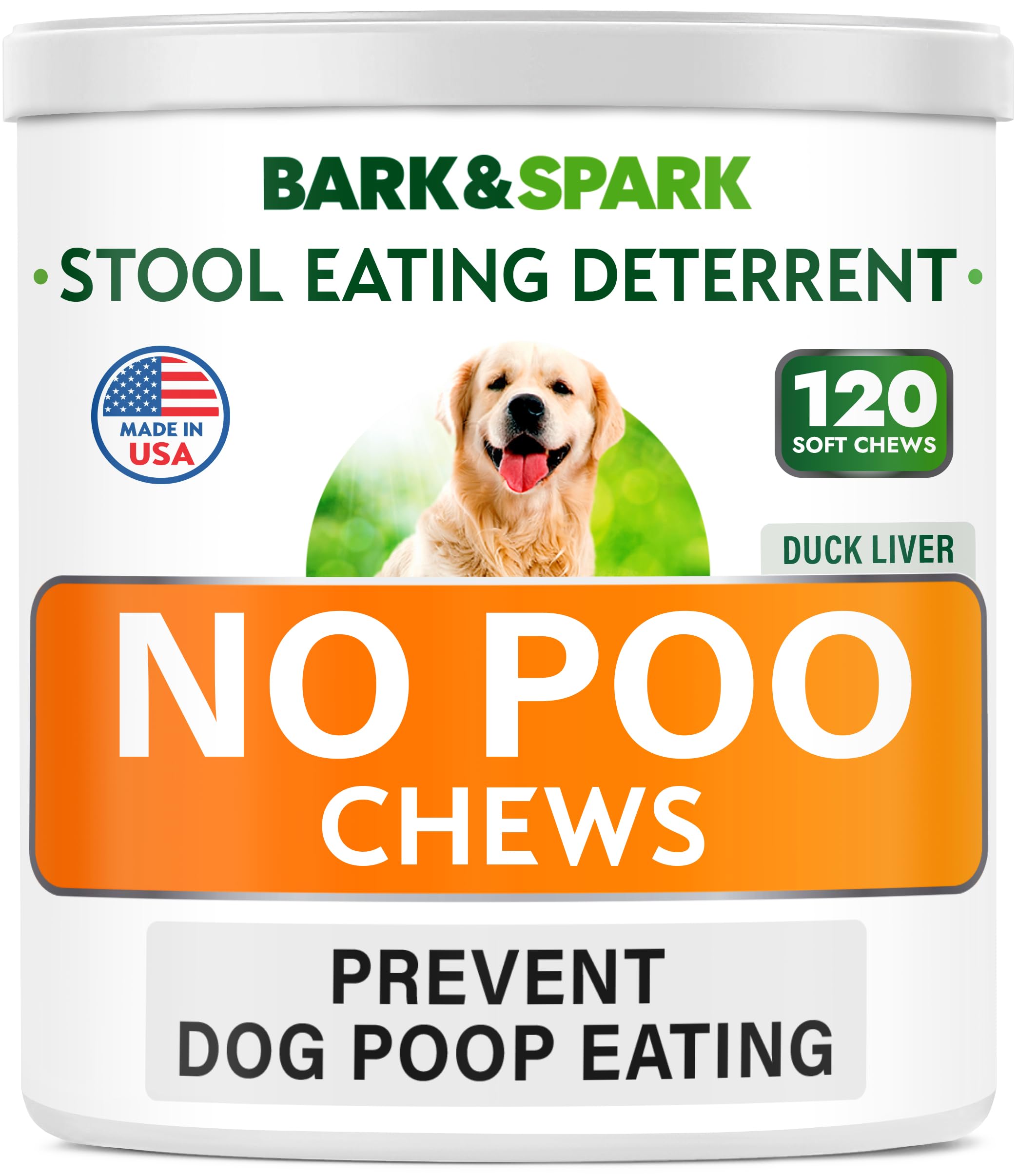 BARK&SPARK No Poo Chews bottle close-up highlighting premium duck liver formula