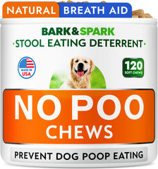 BARK&SPARK No Poo Chews packaging front highlights stool deterrence for dogs