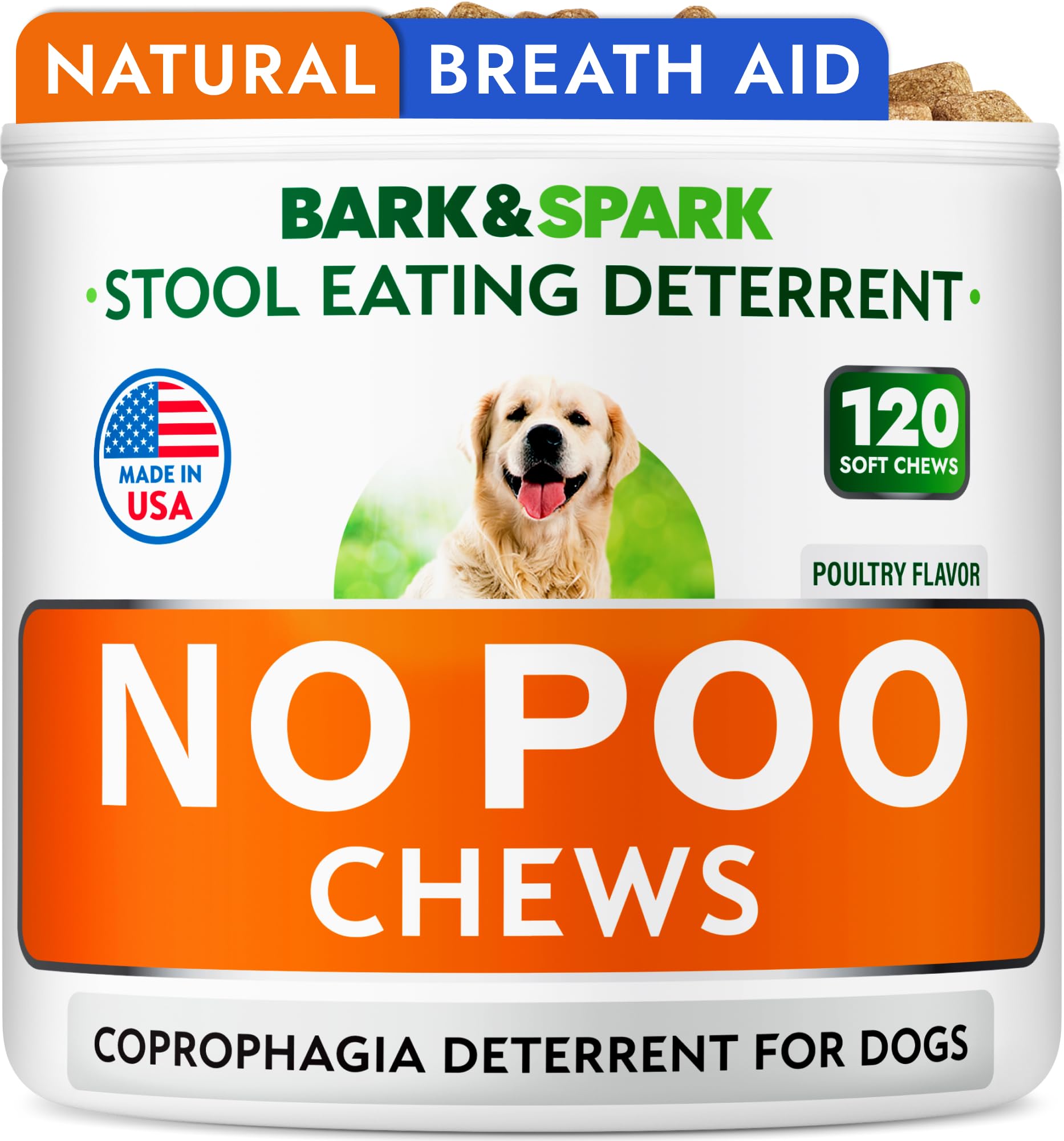 BARK&SPARK No Poo Chews poultry flavor bottle highlights the USA-made dog treat