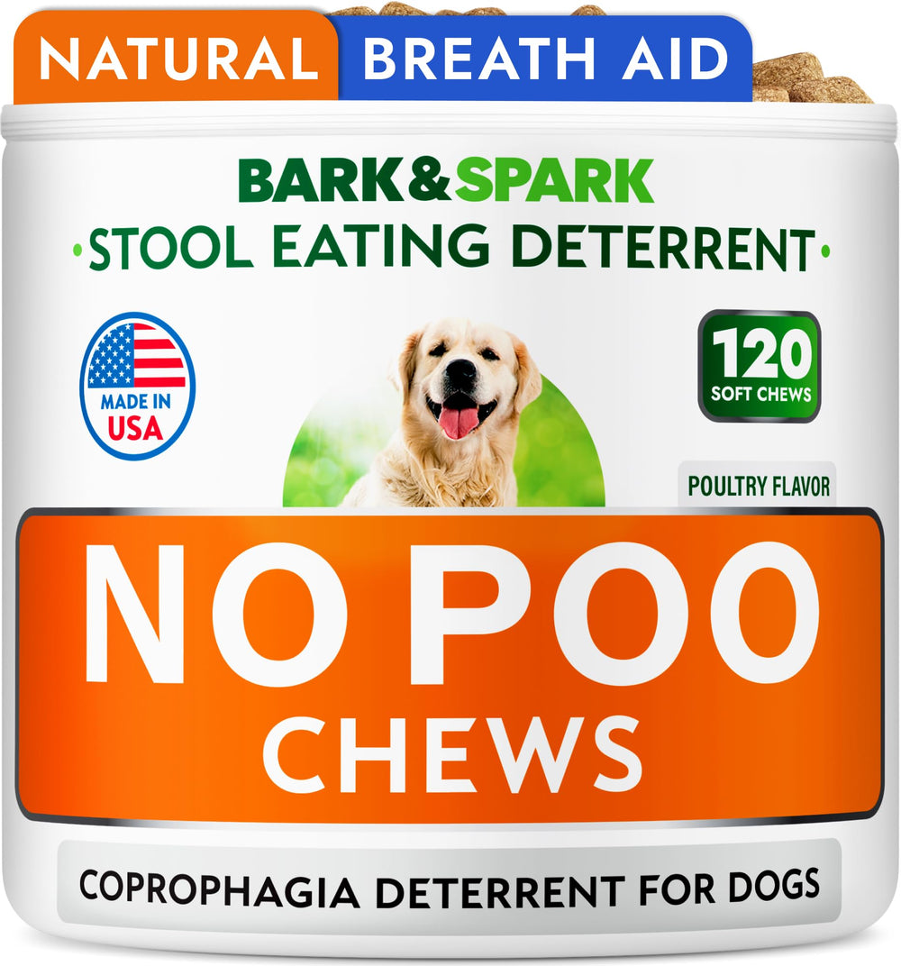 BARK&SPARK No Poo Chews poultry flavor bottle highlights the USA-made dog treat